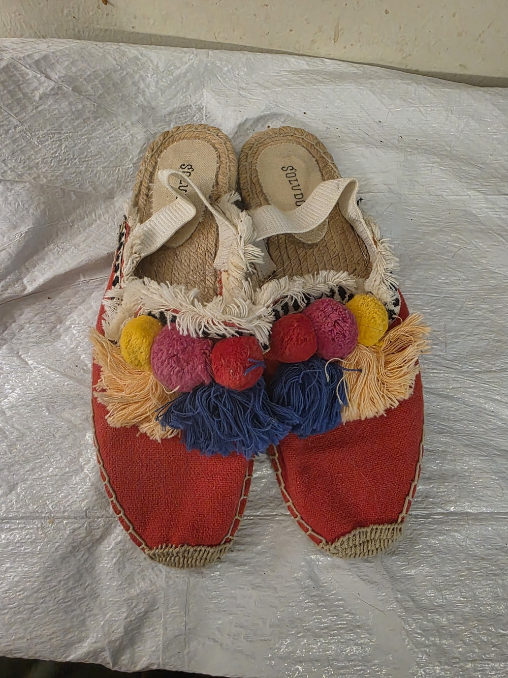 Soludos Red Espadrille Slides with Sewn In Elastic Strap And Multicolor Pom Poms